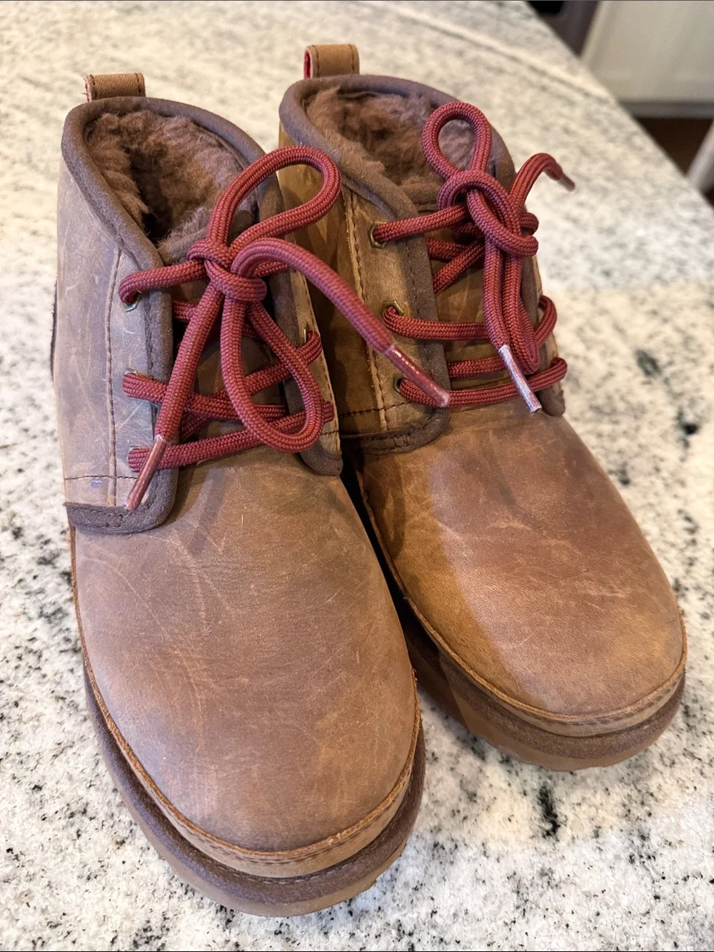 UGG Kids Brown Leather Lace-Up Ankle Boots with Burgundy Laces